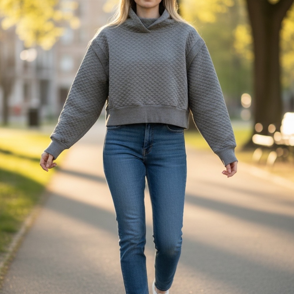 Gray Quilted Cropped Sweatshirt